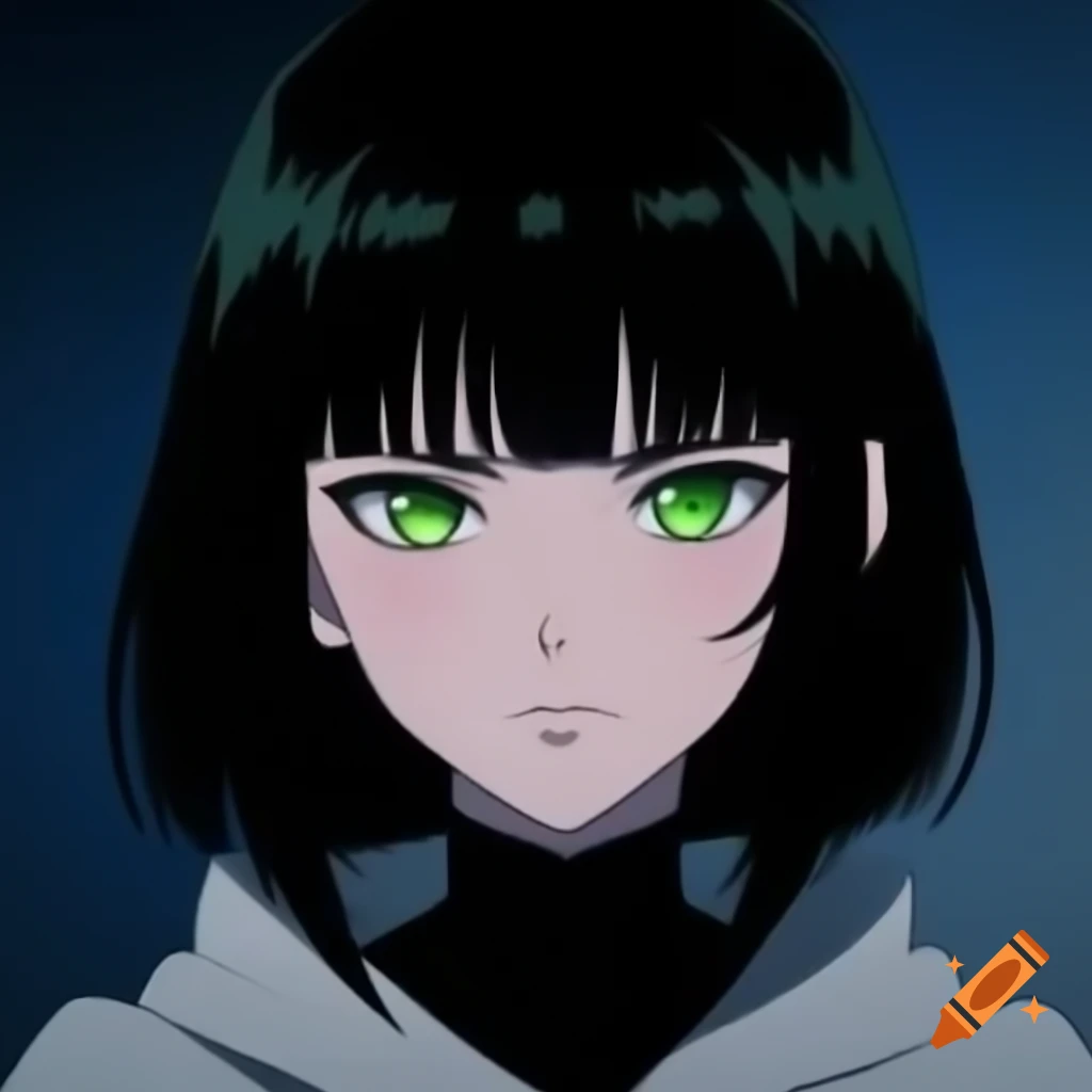 Anime woman with short black hair and green eyes in grey cloak on Craiyon
