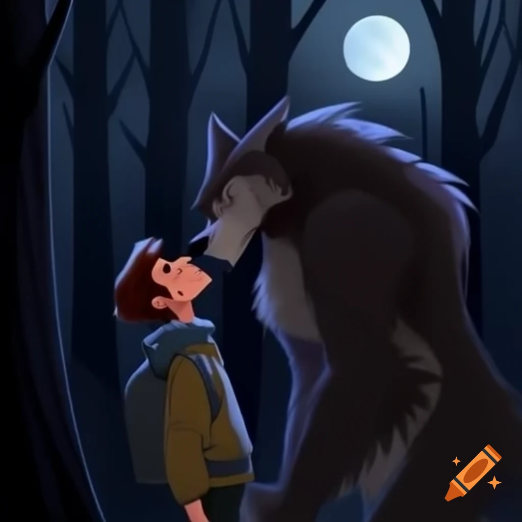 Guy in hoodie kissing muscular werewolf in dark forest under full moon