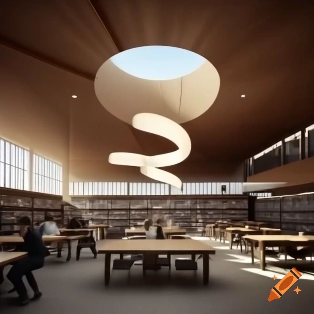 Modern space library with short ceiling, circular lights, wooden decor, and organized tables