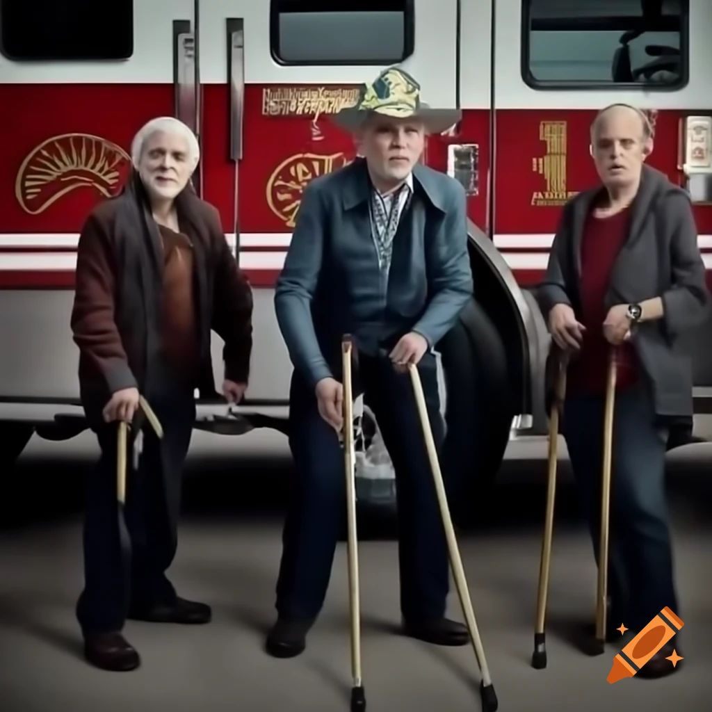 Three elderly men with canes dressed as firemen exiting a fire truck