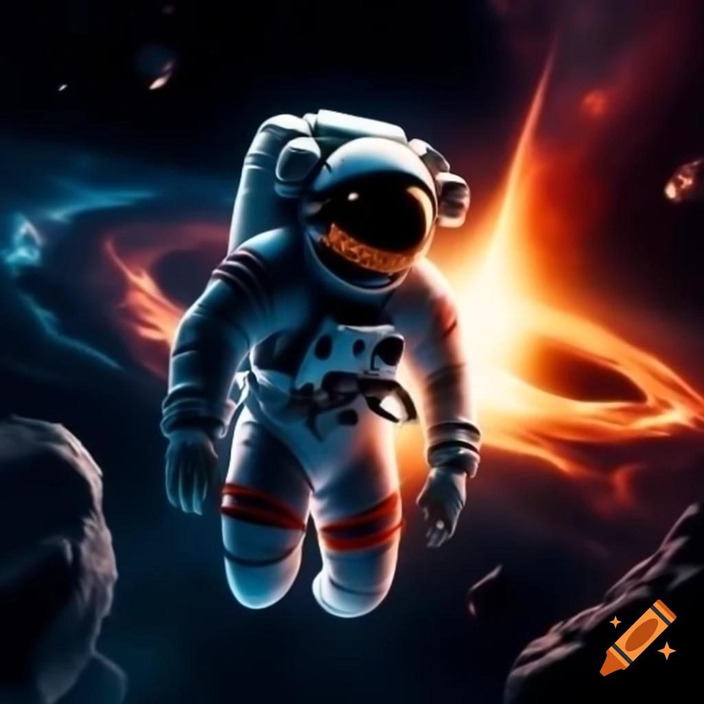 Astronaut floating in space with a black hole and distant galaxies