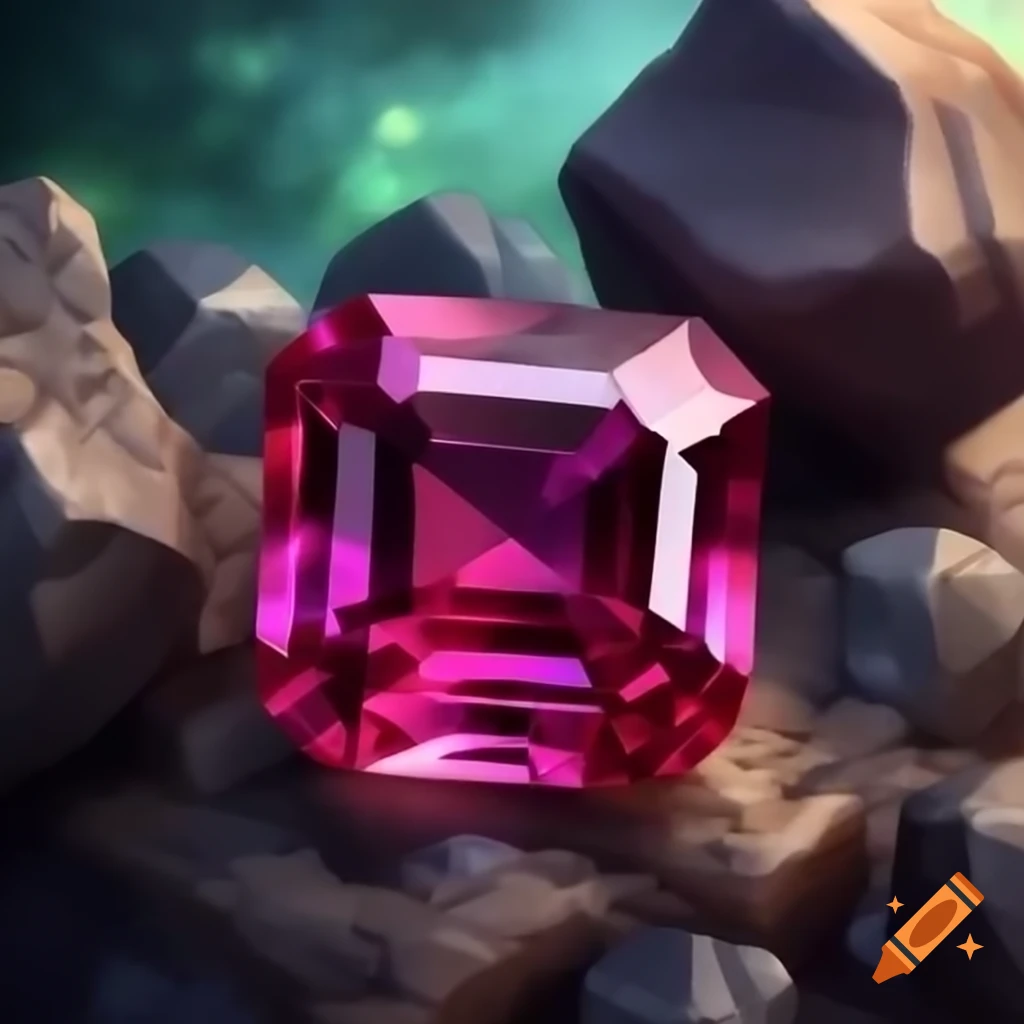 Square cut ruby gemstone surrounded by rocky ore