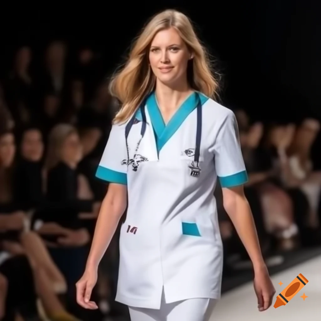 Female veterinarian showcasing fashion on the runway