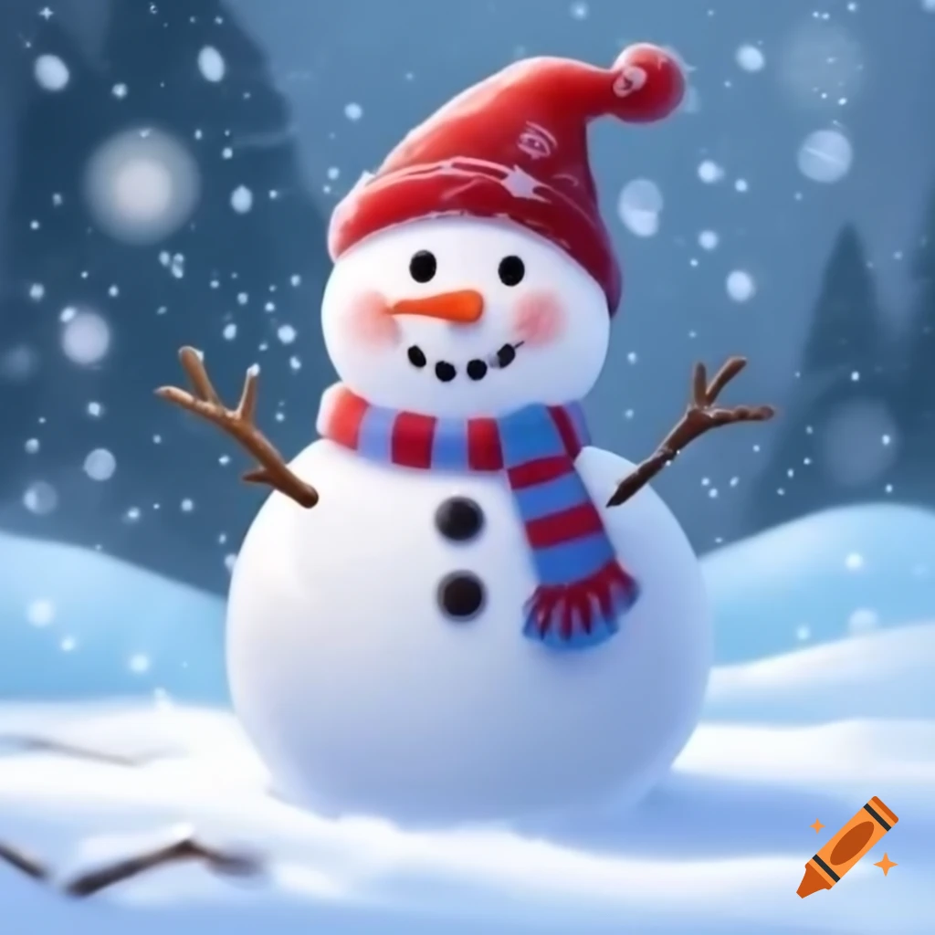 Cheerful snowman in snowy field with red accessories and falling snowflakes