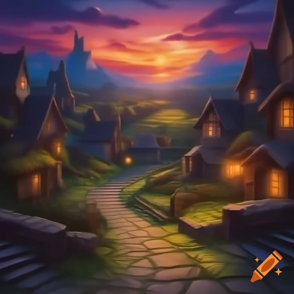 Fantasy village at sunset with lamps illuminating stone street on Craiyon