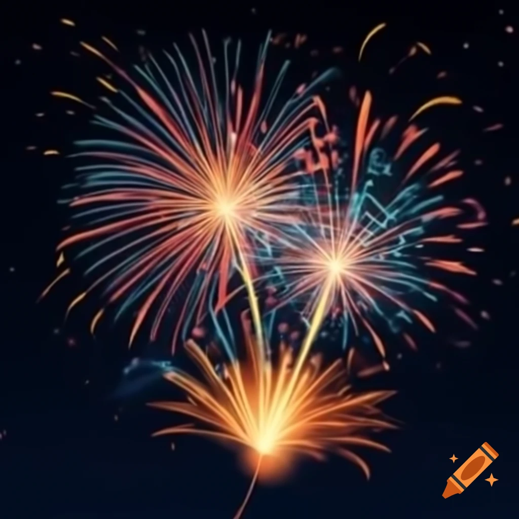 Vibrant cartoon illustration of Fourth of July fireworks illuminating night sky