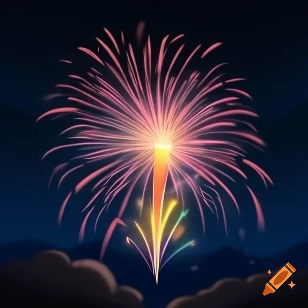 Vibrant cartoon illustration of Fourth of July fireworks illuminating night sky