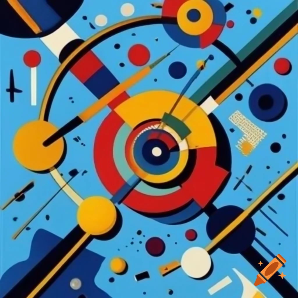 Abstract artwork inspired by Kandinsky featuring gold and blue colors