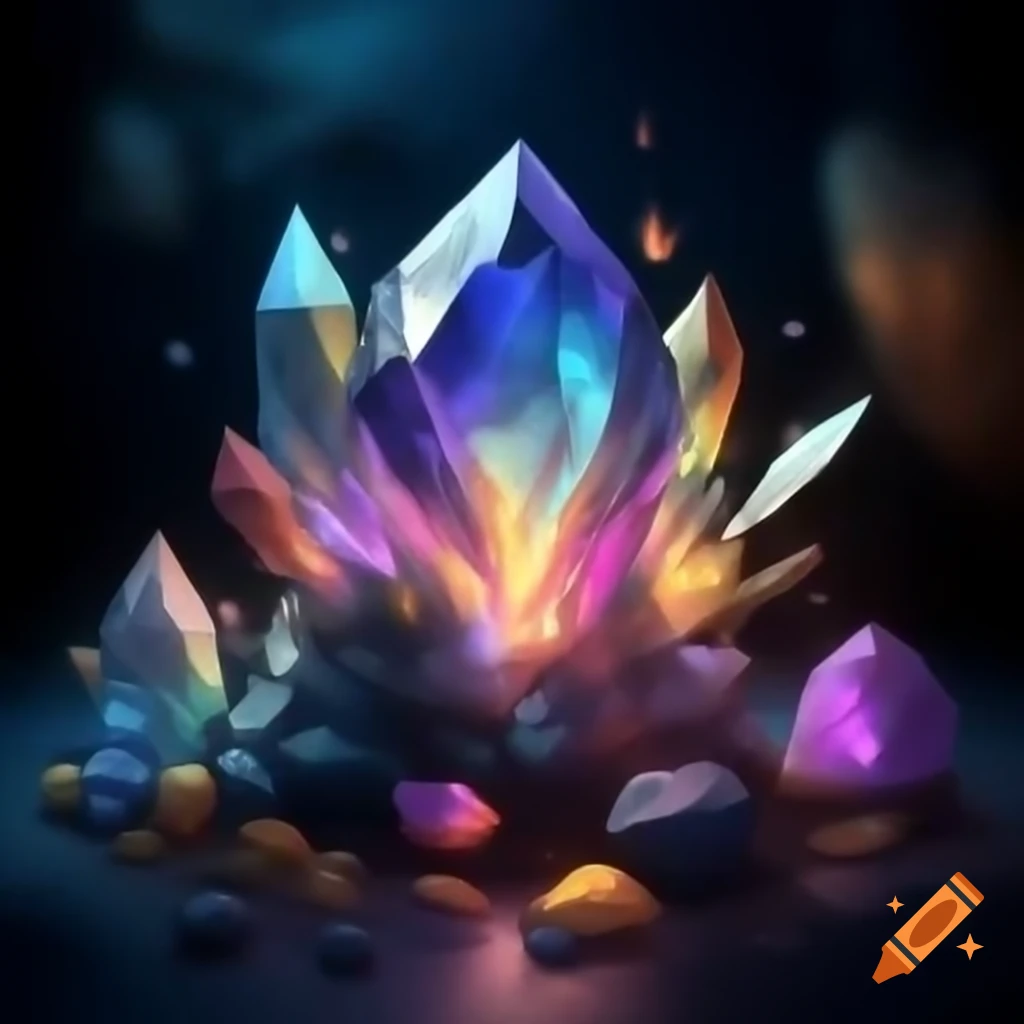 Magical multicolored crystalline gemstone surrounded by various colored crystals and rocky ore