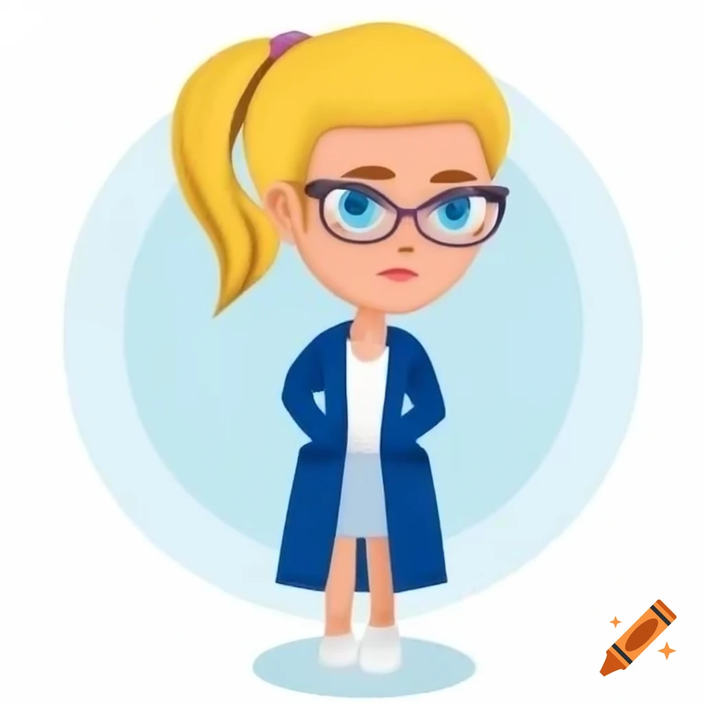 Bulky woman with blonde hair and glasses in blue coat and white sneakers