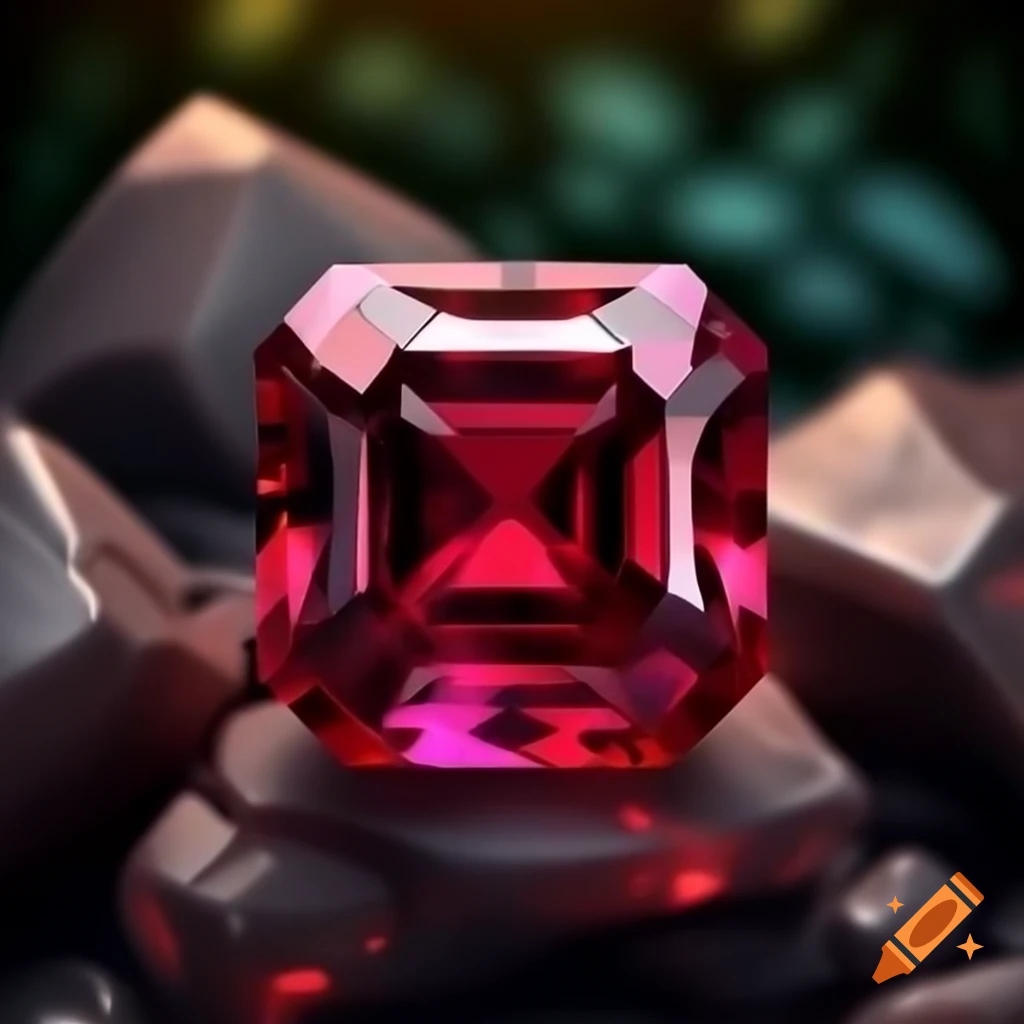 Deep red square cut ruby gemstone surrounded by rocky ore