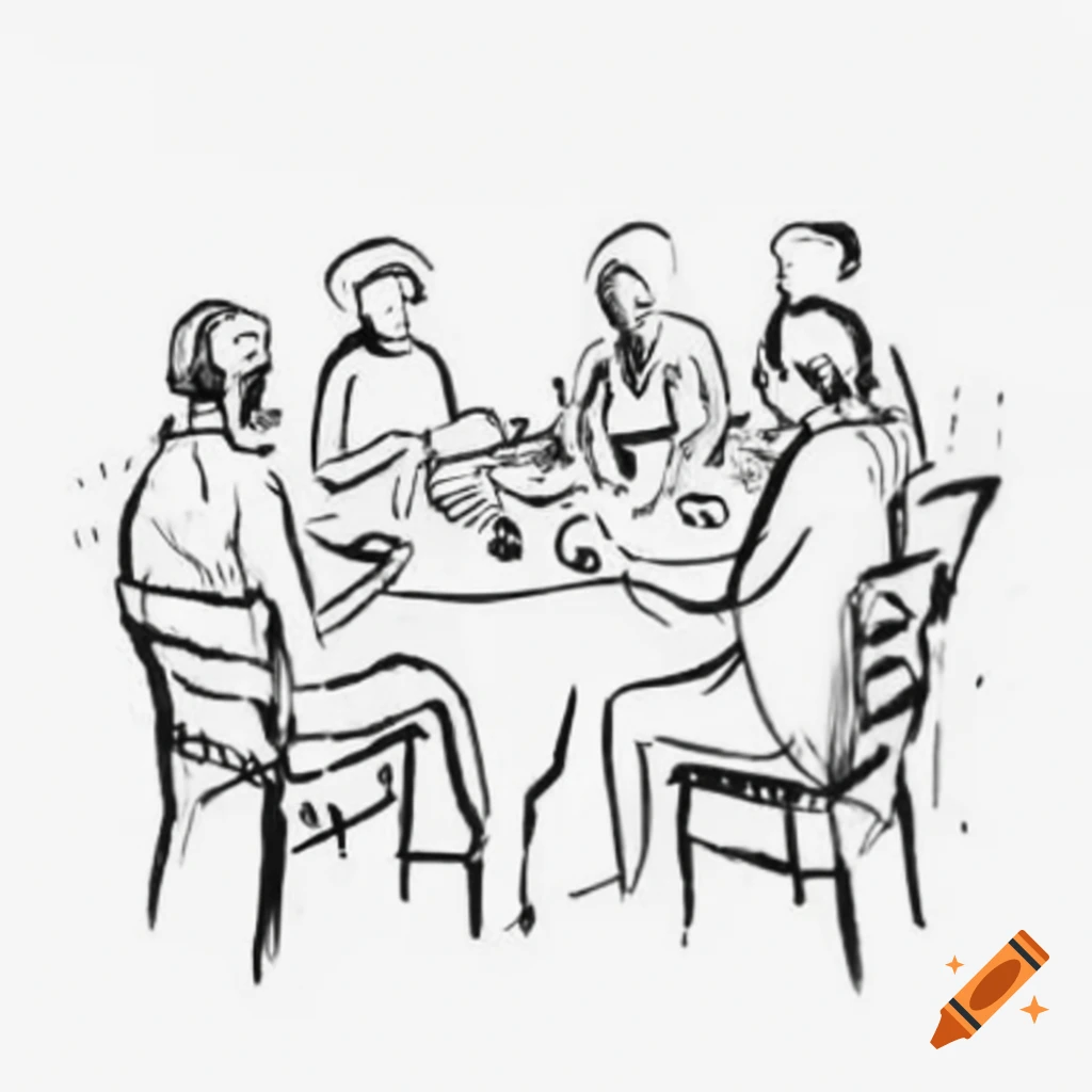 Black and white sketch of people dining at a table