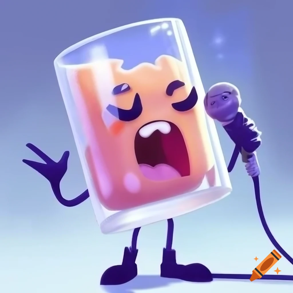 Cartoon glass with mouth and hands singing into microphone