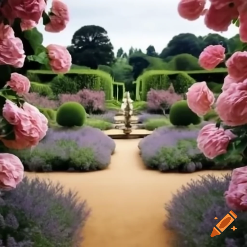 Formal English garden featuring pink roses, purple lavender, and white hydrangea