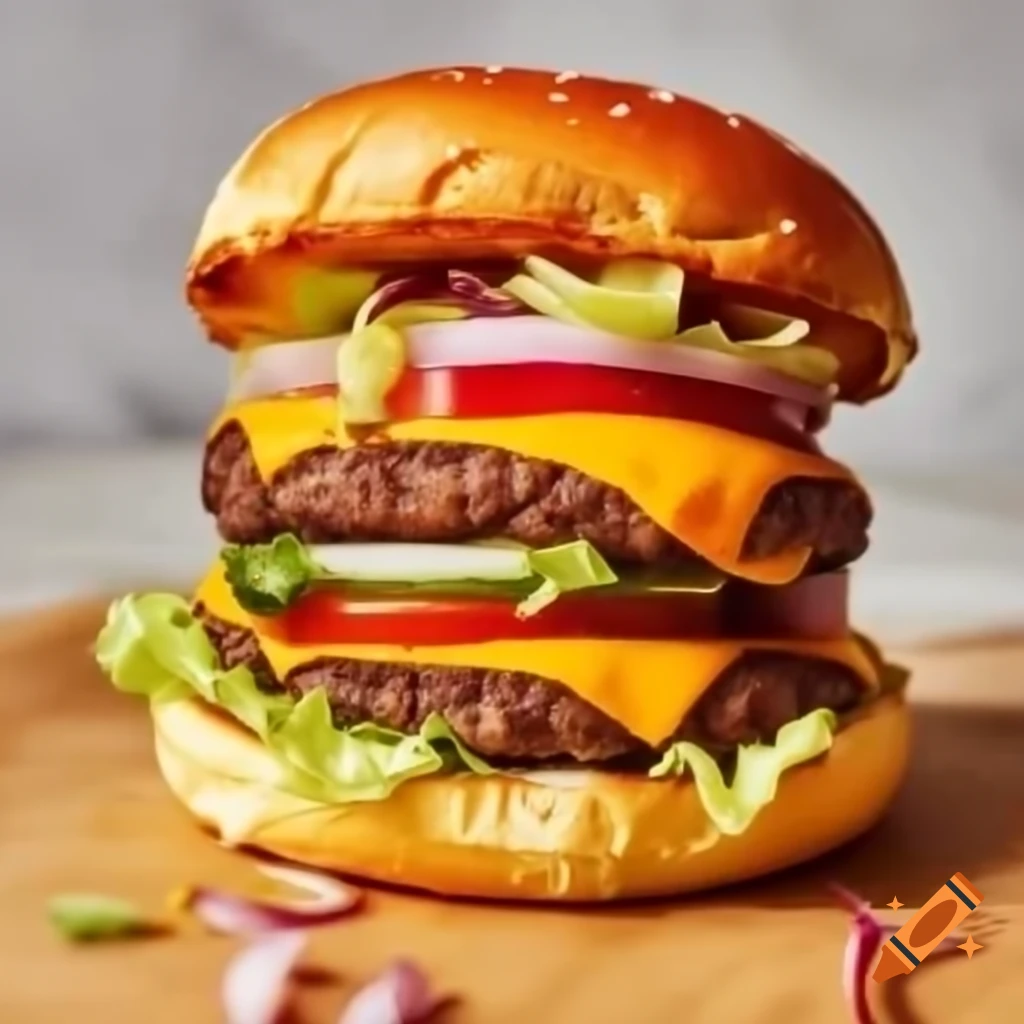 Triple stacked cheeseburger with cheese, tomato, lettuce, and chopped onion