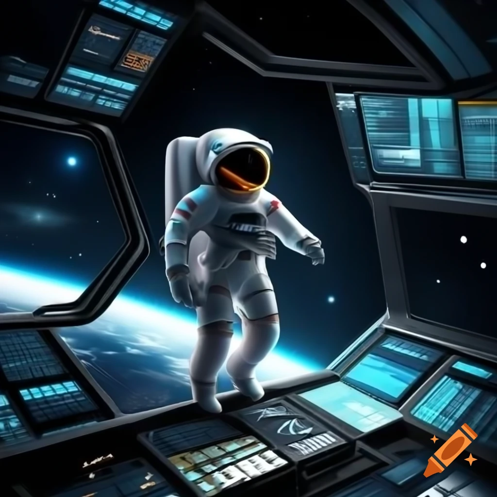 Astronaut floating in futuristic space station with advanced technology and Earth visible