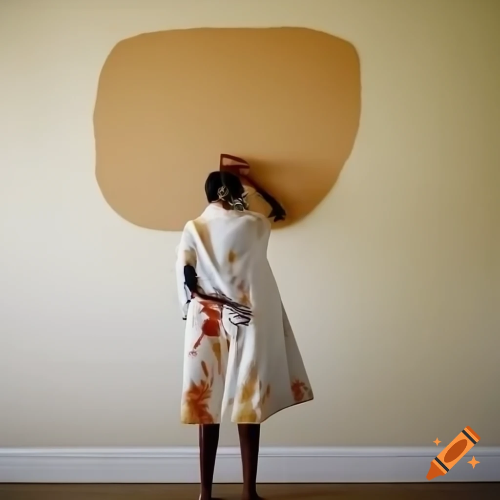 Artist in paint-splattered smock focused on canvas