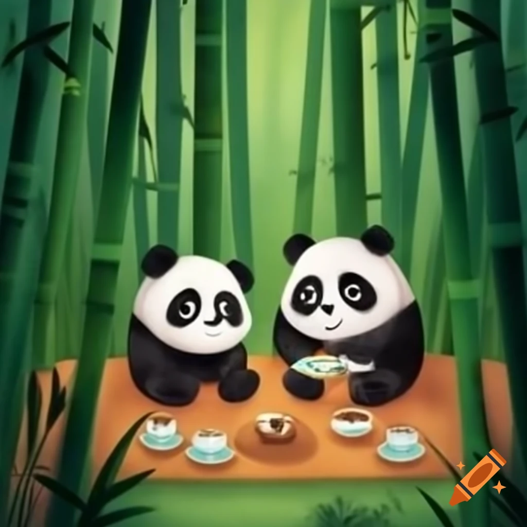 Two pandas enjoying a tea party in a bamboo forest