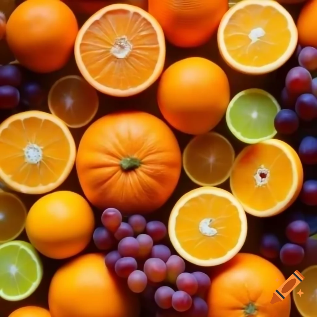 Fresh oranges and grapes on display