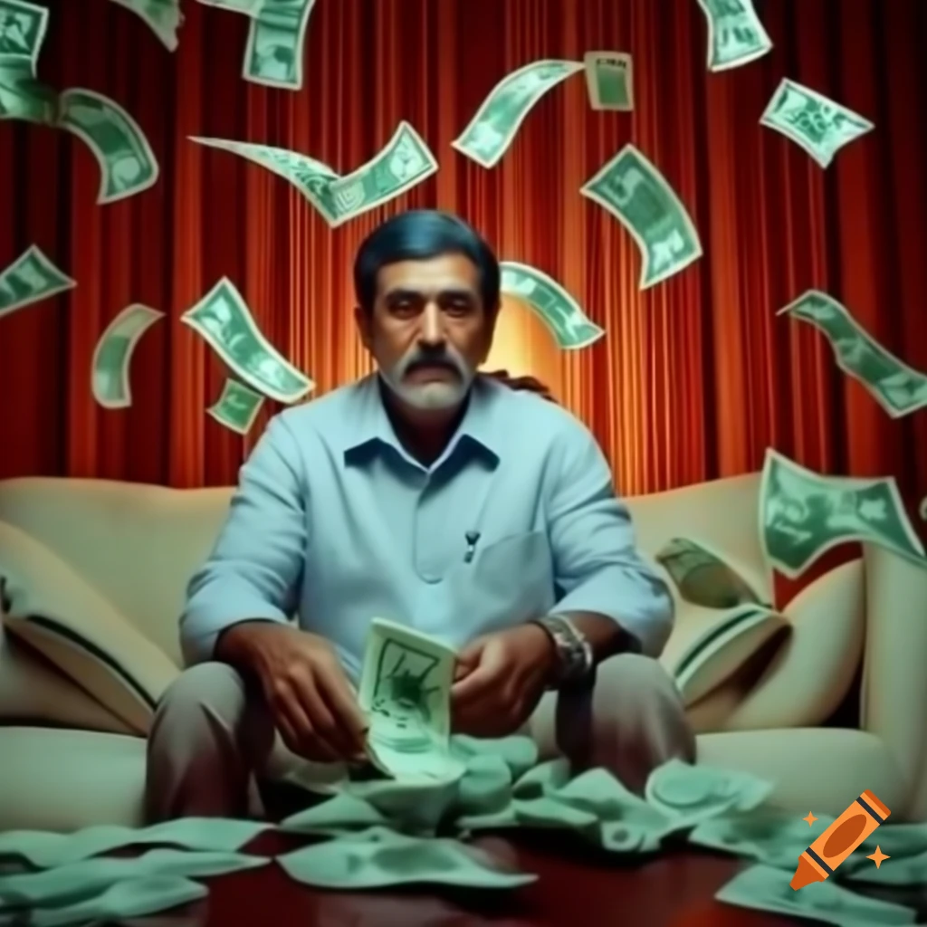 Handsome Indian man sitting on large sofa surrounded by cash