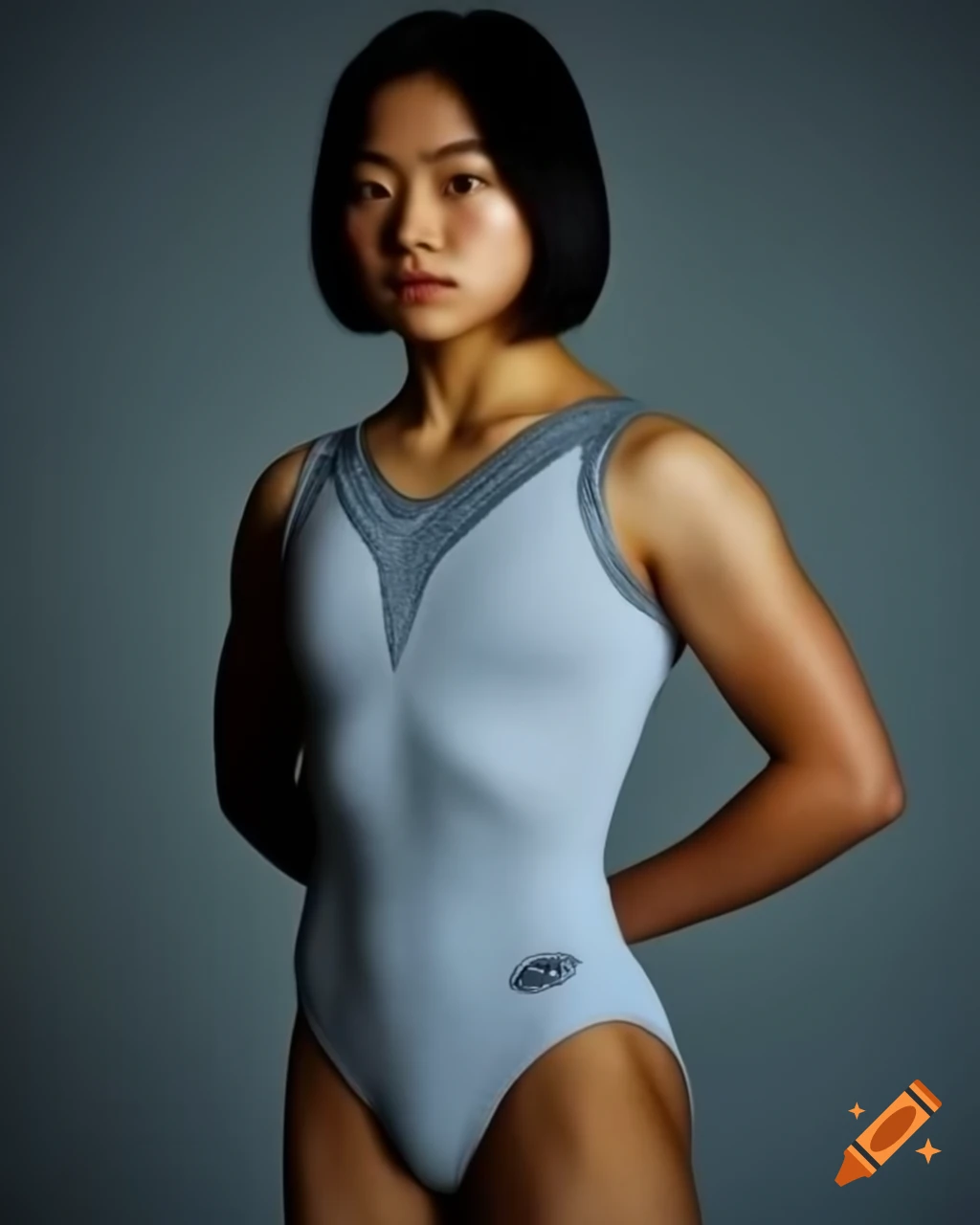 North Korean girl in light gray combat leotard