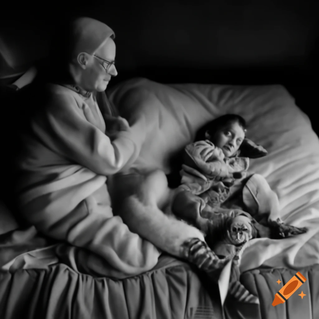 Boy lying on bed with grandmother knitting socks beside him