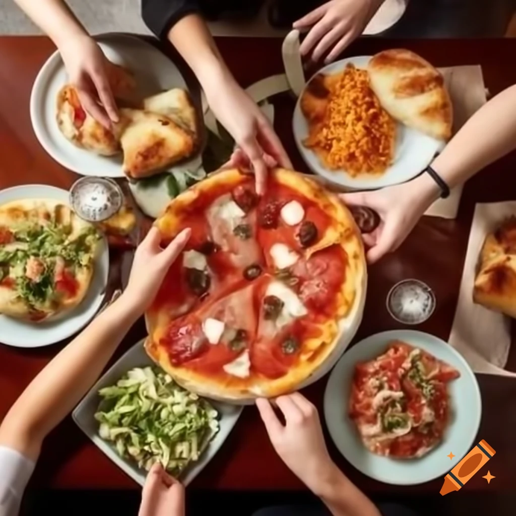 Realistic photo of typical Italian dishes: pizza, pasta, salad, bread, cappuccino, and espresso