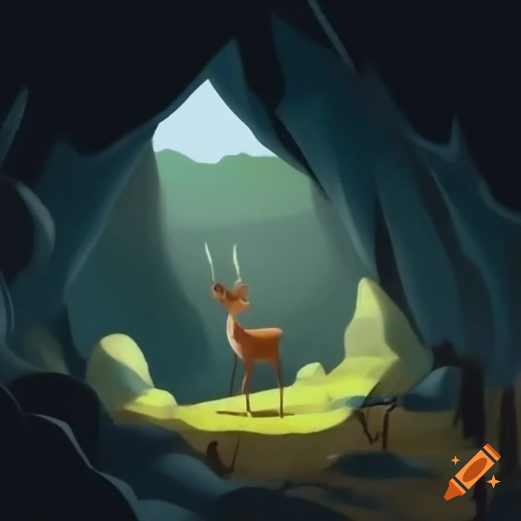 Deer resting in a cave environment