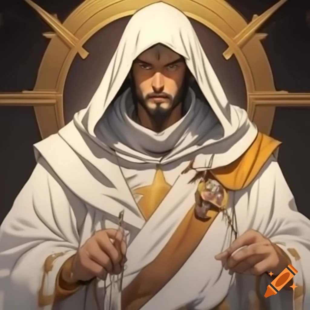 Western monk in white and gold robes with key-shaped amulet ...