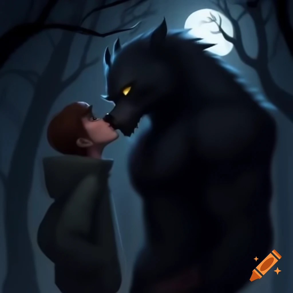Guy in hoodie kissing muscular werewolf in dark forest under full moon