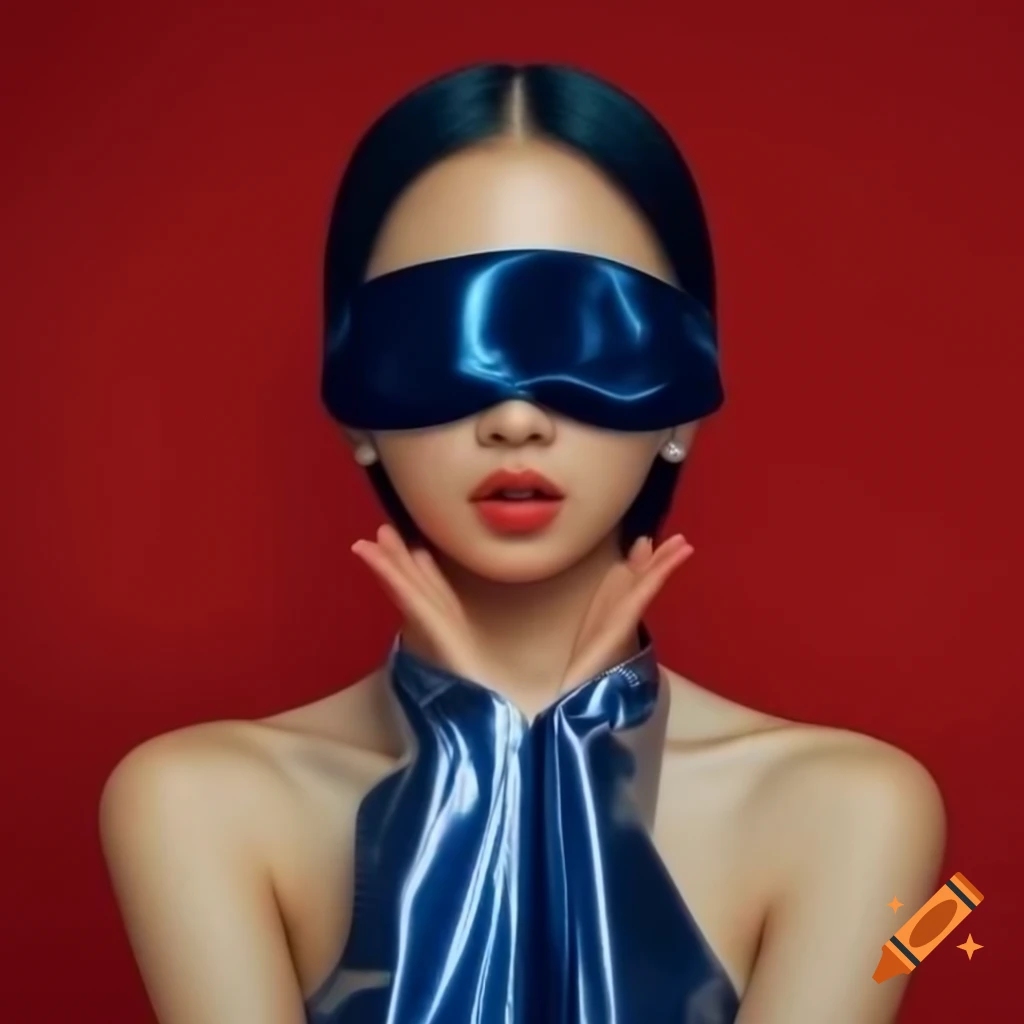 Asian girl in shiny silk dress with blindfold covering eyes on Craiyon