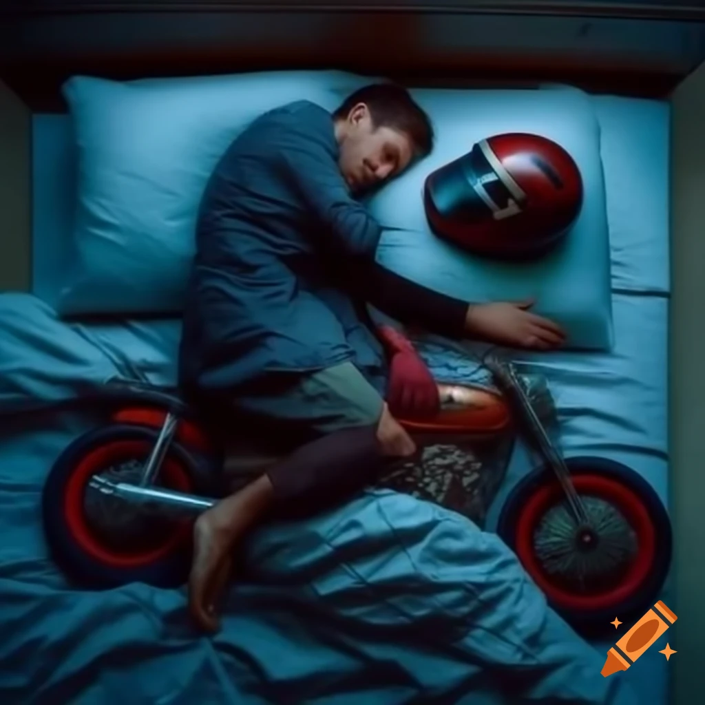 Man in bed wearing motorbike helmet dreaming of new motorbike