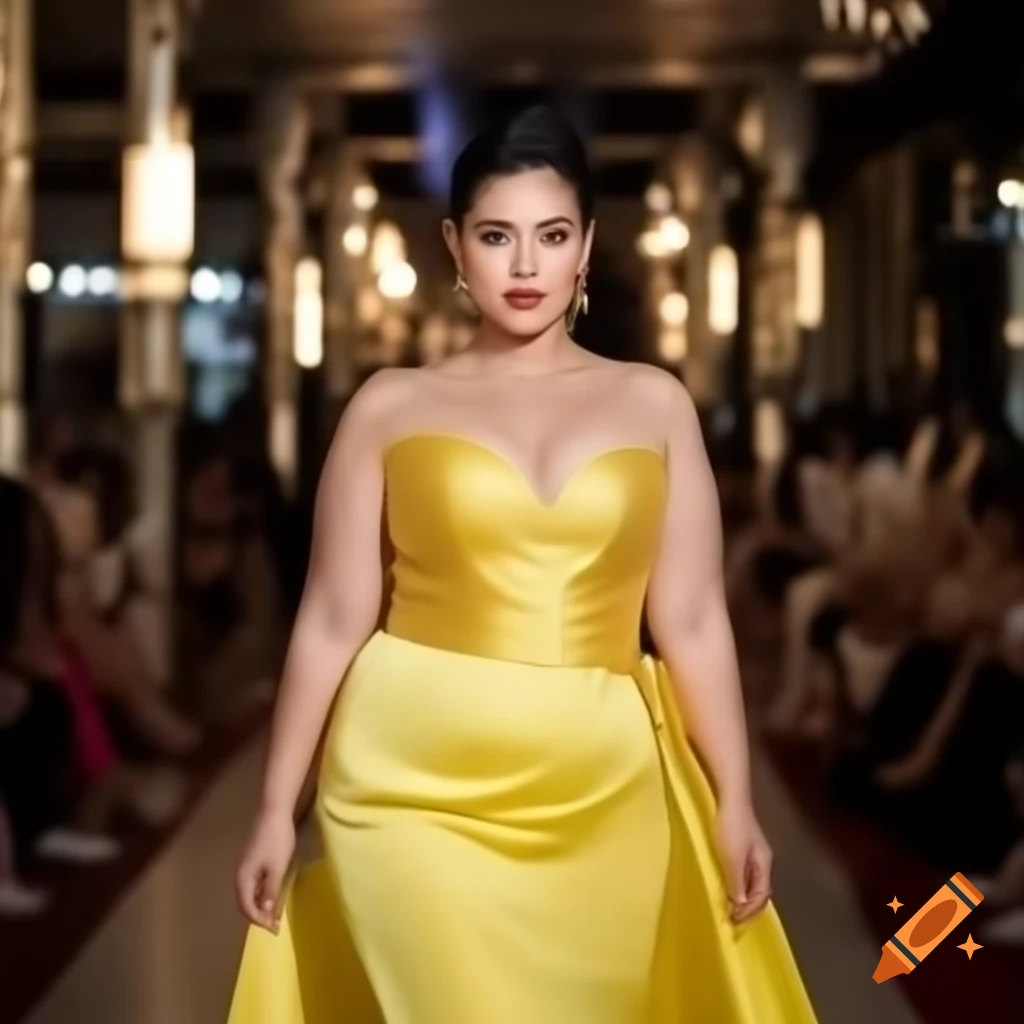 Plus-size fashion model in elegant silk dressing gown on catwalk
