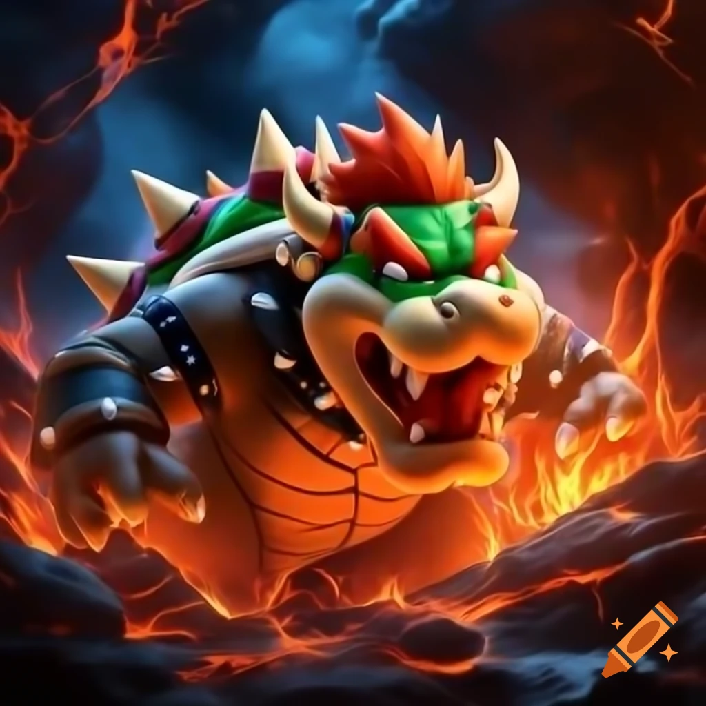 Bowser falling into lava, action scene