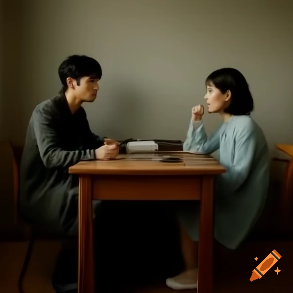 Korean interviewer and parent having serious conversation at interview table
