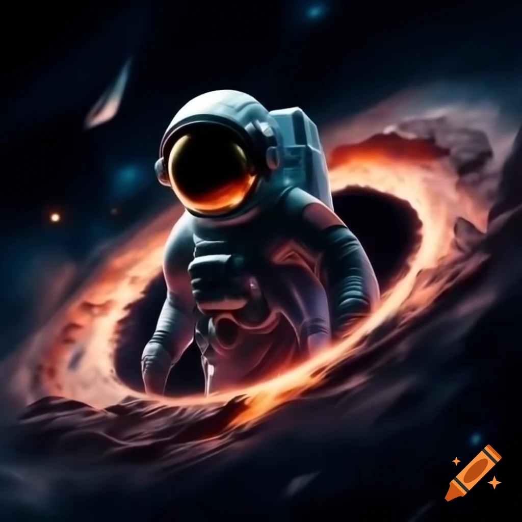 Astronaut floating in space with a black hole and distant galaxies