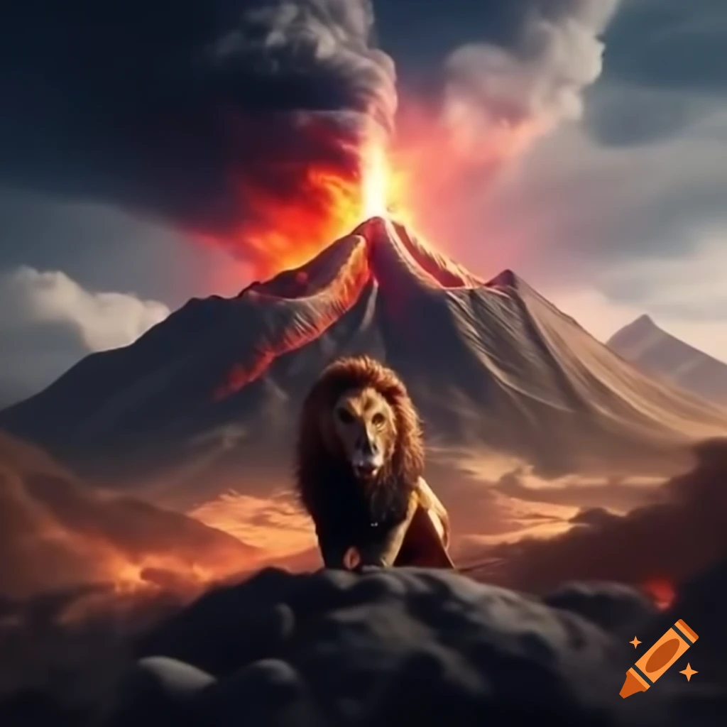 Lion beside erupting volcano