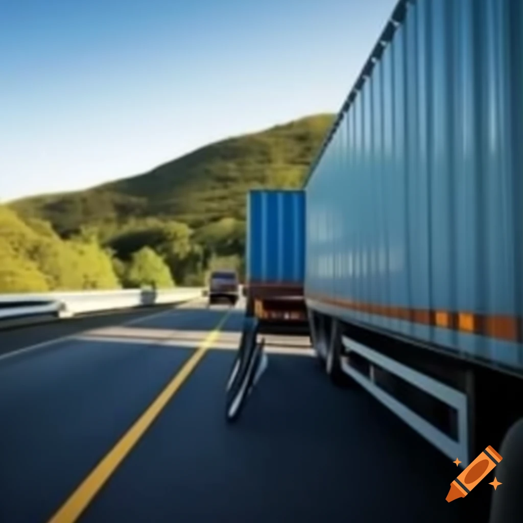 Motorcycle following container lorry on highway