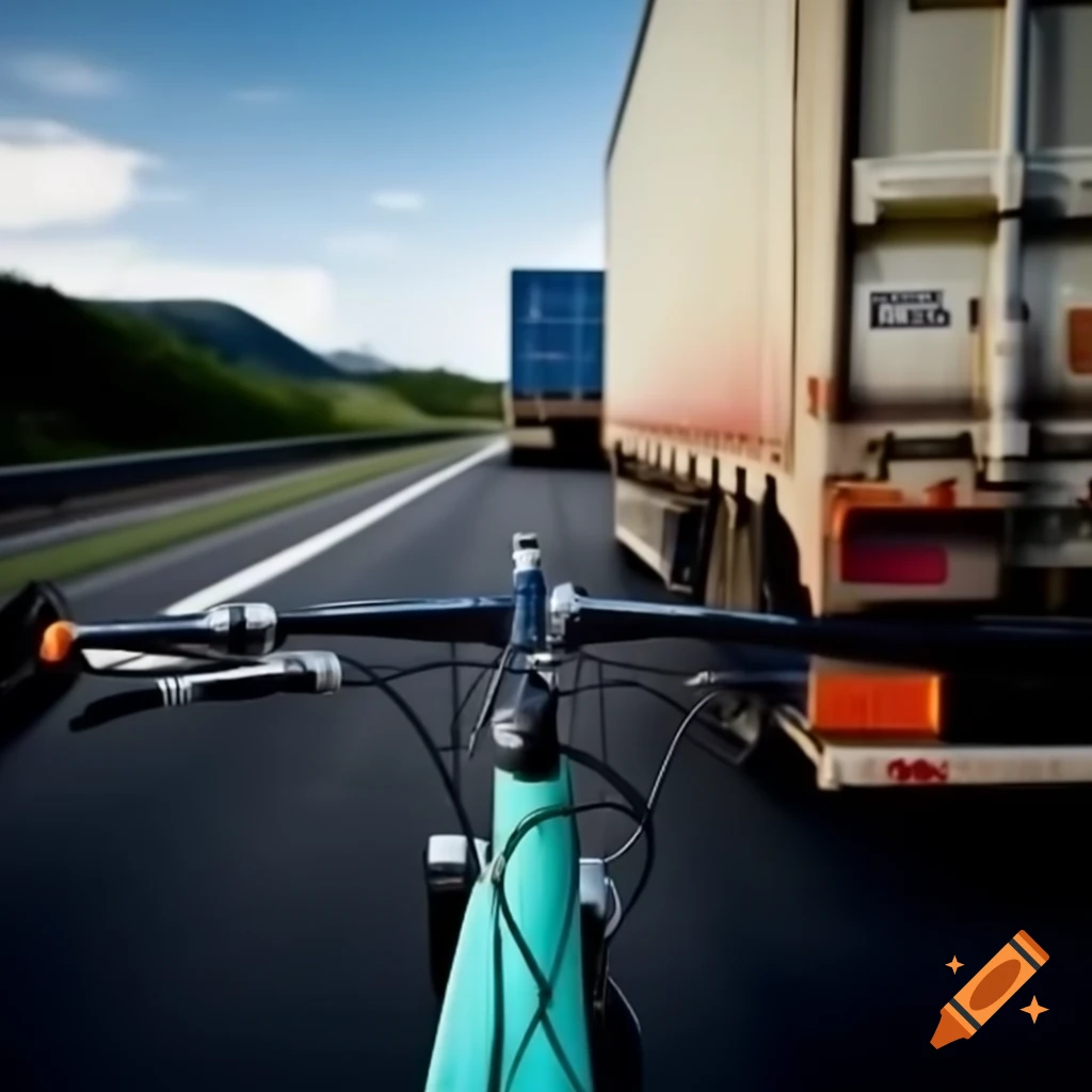 Motorcycle following container lorry on highway