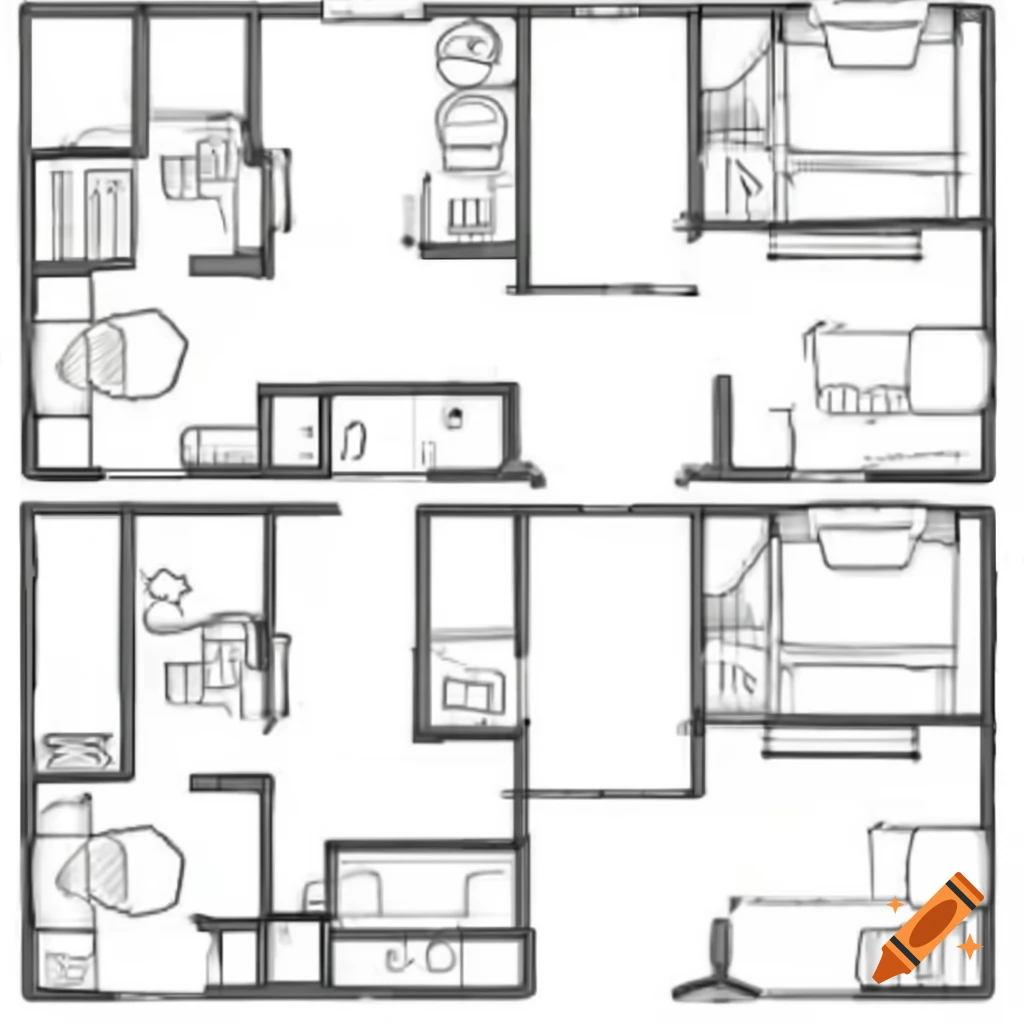 Pencil sketch layout variations of a 20' by 8' home featuring bathroom, kitchen, living room, study table, and storage space with separate loft bed