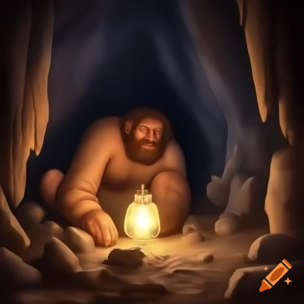 Prehistoric man speaking in cave illuminated by oil lamp