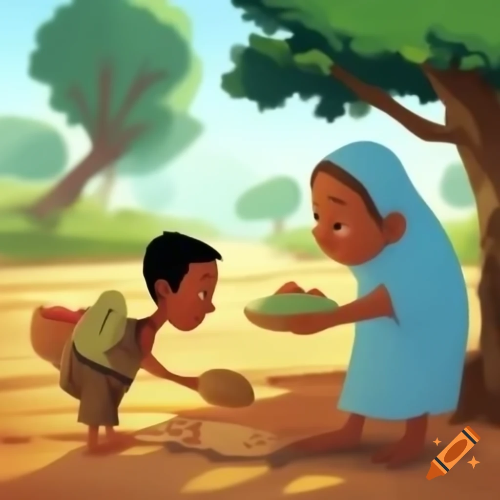 Child donating food plate to man under tree, clip art