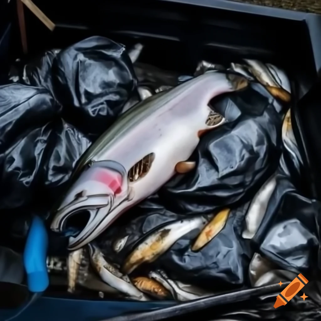 Discarded salmon among black plastic trash bags in overflowing dumpster