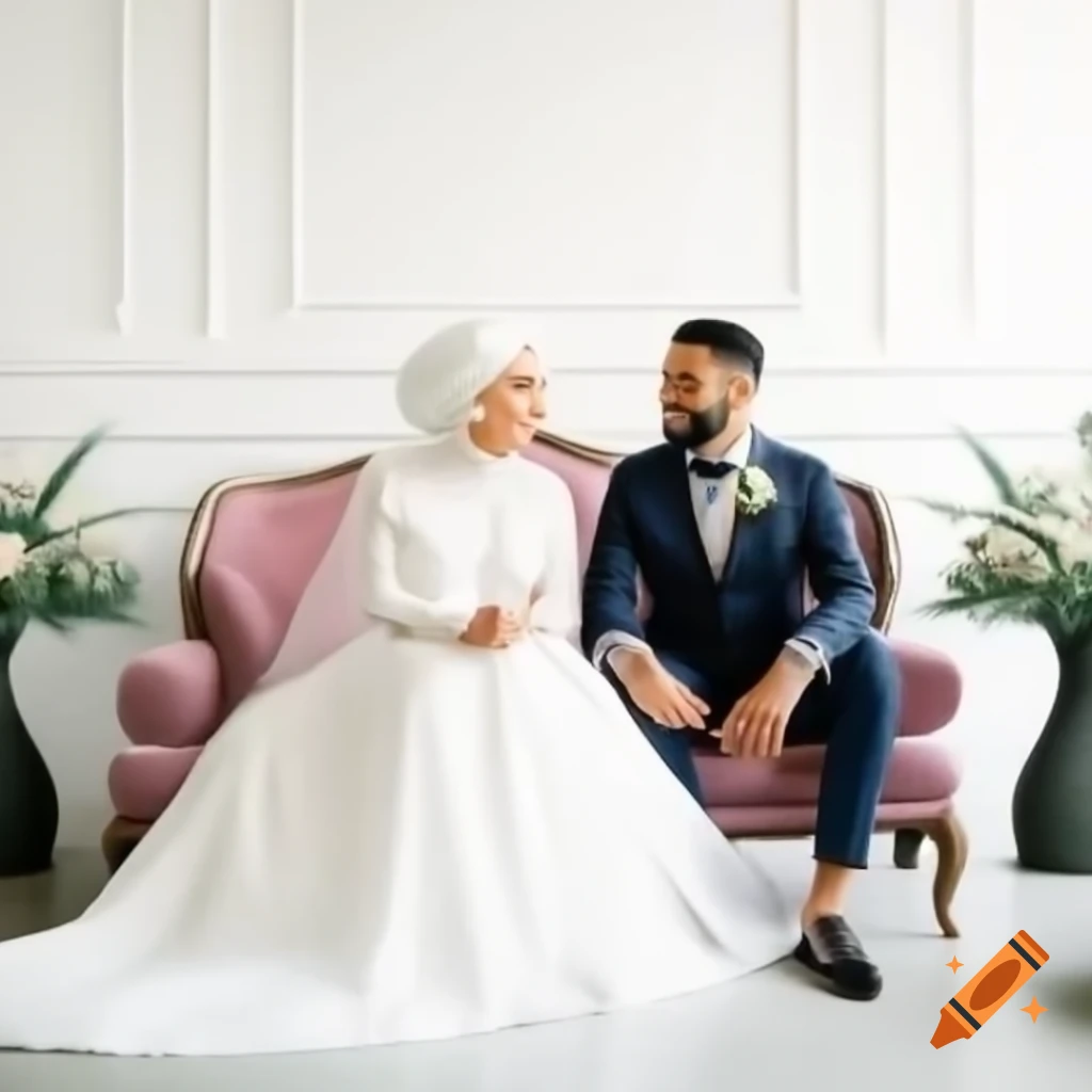 Smiling Arabic bride and groom seated on mauve armchair in elegant setting