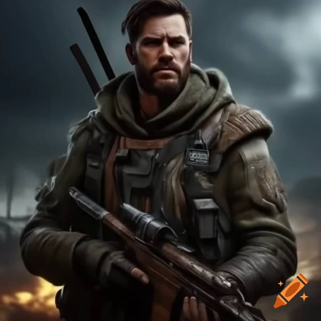 Post apocalyptic male survivor in military gear with weaponry on Craiyon