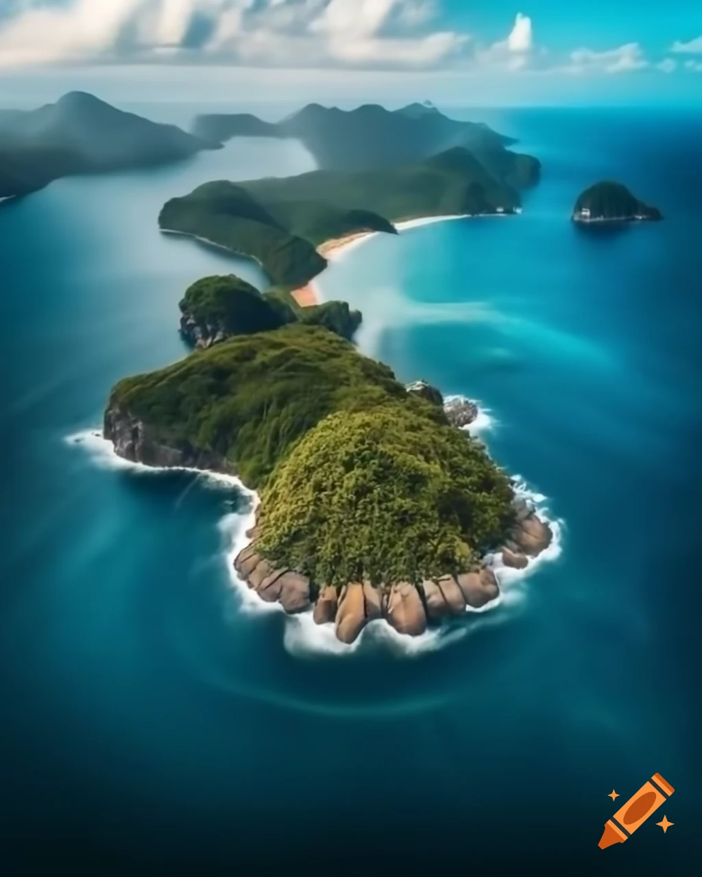 Aerial view of Snake Island, densely forested and surrounded by blue ocean
