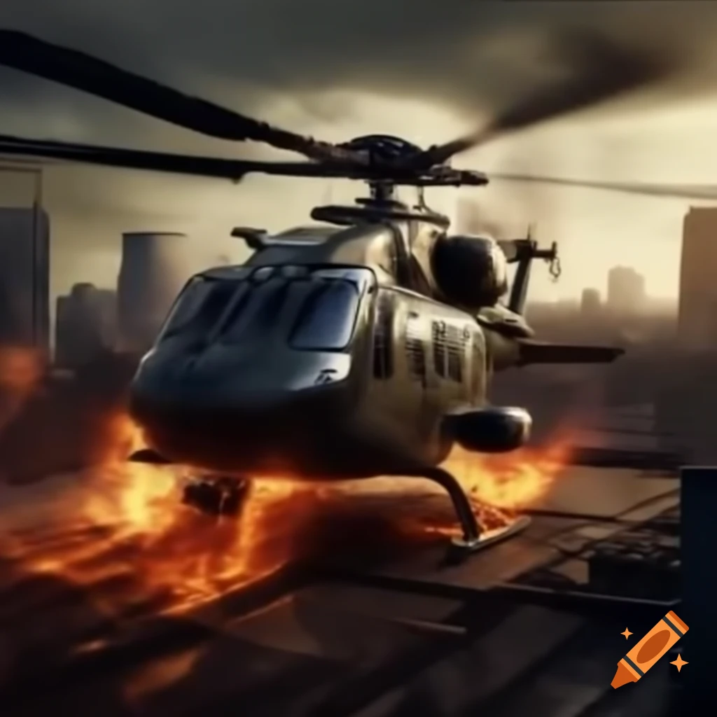 Helicopter on burning rooftop, dramatic scene