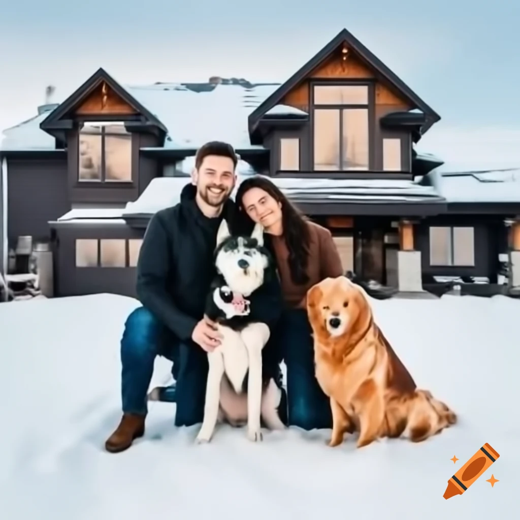 Couple with Siberian husky and golden retriever in front of snowy Canadian house