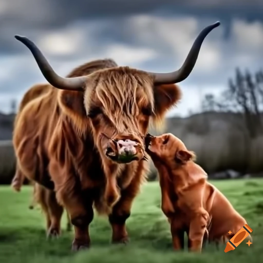 Highland cow with sausage dog on its back in a field