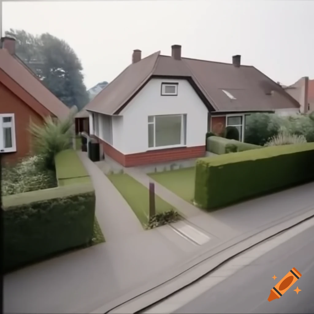 Photorealistic small single-story terraced house in North German style, red brick with gable roof